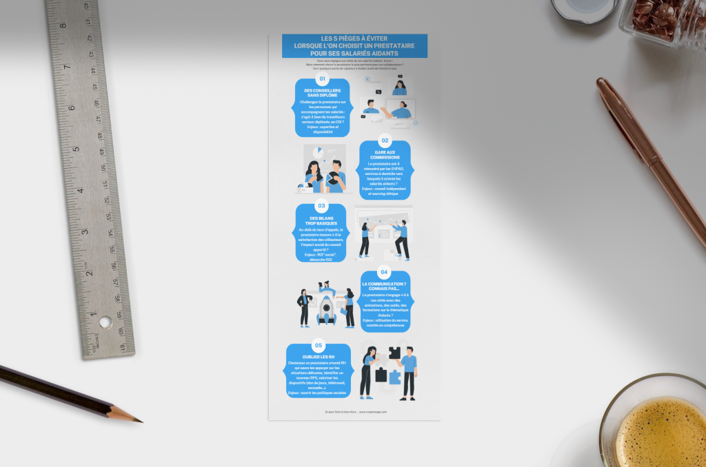 Infographie "Les 5 pièges à éviter lorsque l'on choisit un prestataire pour ses salariés aidants" déposée sur un bureau